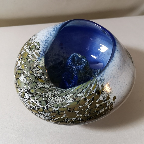 Unique Hand-blown & Artist Signed Art Glass Vessel "Bowl" Gold Blue White Lovely - Picture 1 of 10